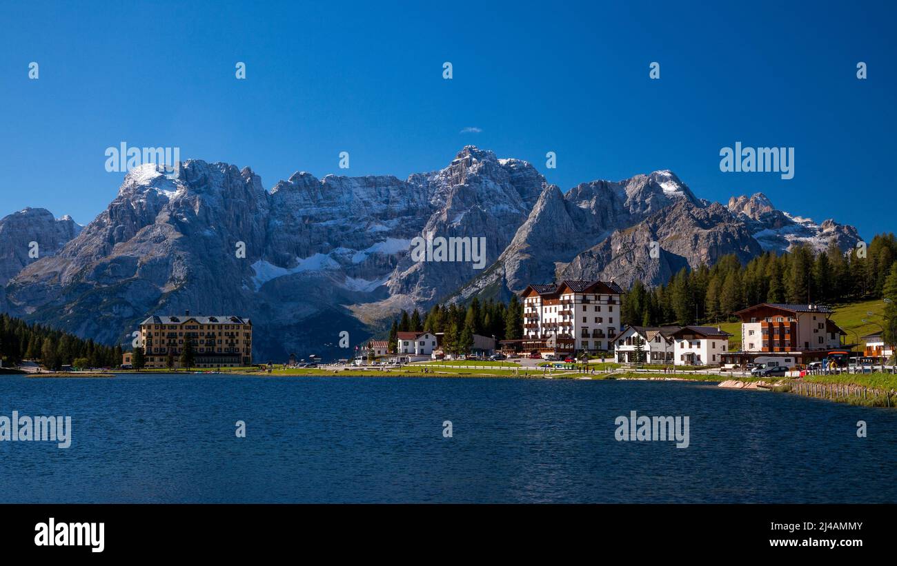 Beautiful Lago di Misurina in the Dolomites in Northern Italy, Europe Stock Photo
