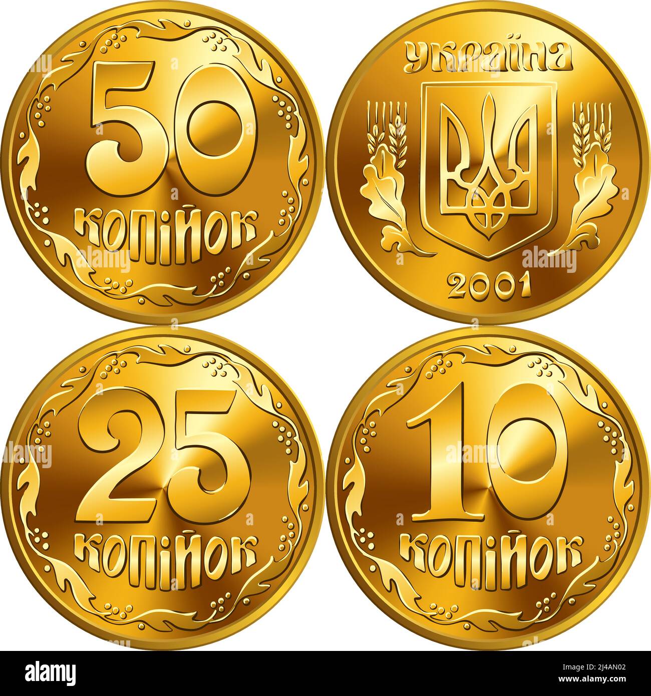 Set of krainian money gold coins 50, 25, 10 kopiyok, obverse and reverse Stock Vector