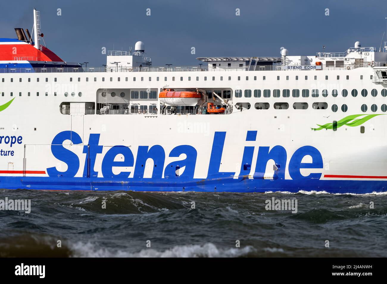 Stena Edda is an E-Flexer ferry operated by Stena Line on the Irish Sea between Belfast and Liverpool - August 2021. Stock Photo