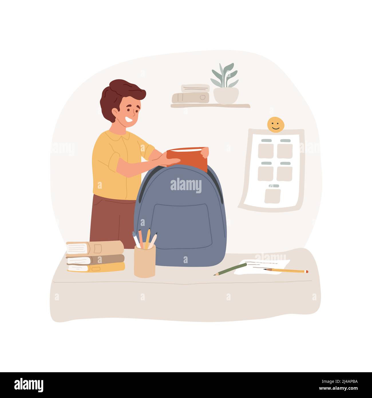 Packing a backpack isolated cartoon vector illustration. Kid packing school  backpack, child puts books and textbooks in a schoolbag, family daily  routine, get ready for the day vector cartoon Stock Vector Image