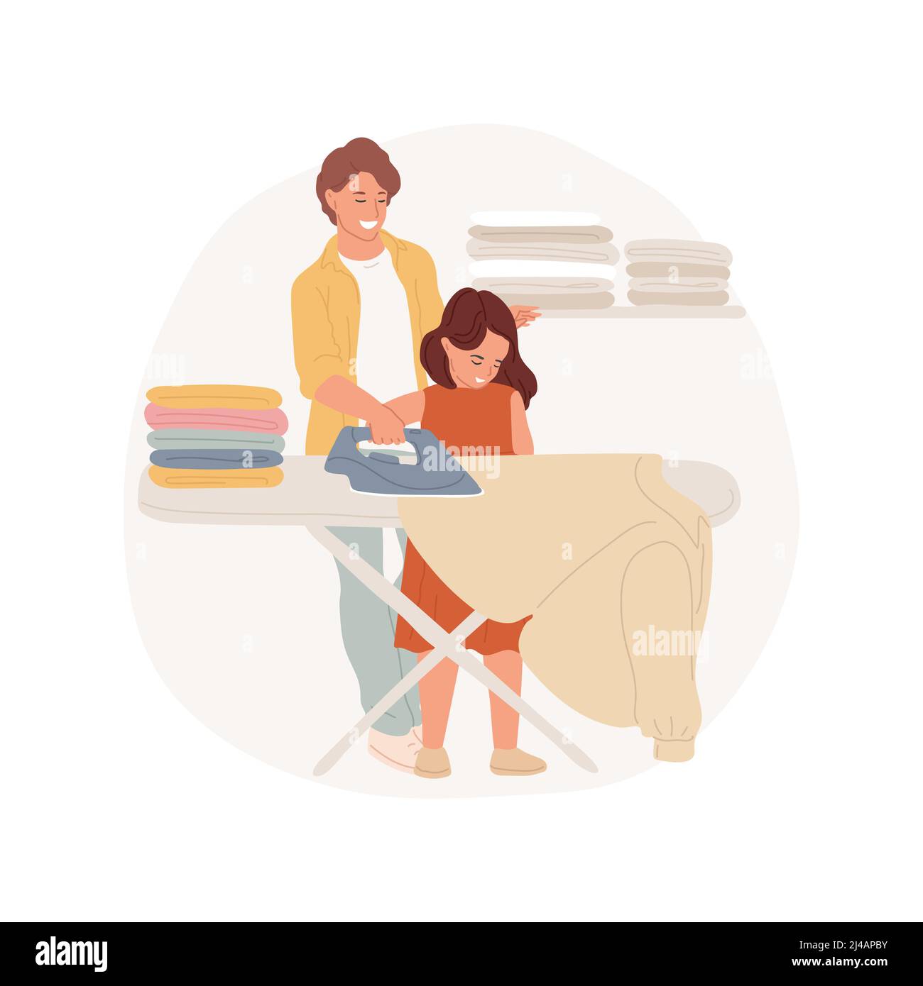 Ironing clothes isolated cartoon vector illustration. Family daily routine,  mother teaches child to use iron, kid engaged in housework, ironing shirts  together, pile of clothes vector cartoon Stock Vector Image & Art -