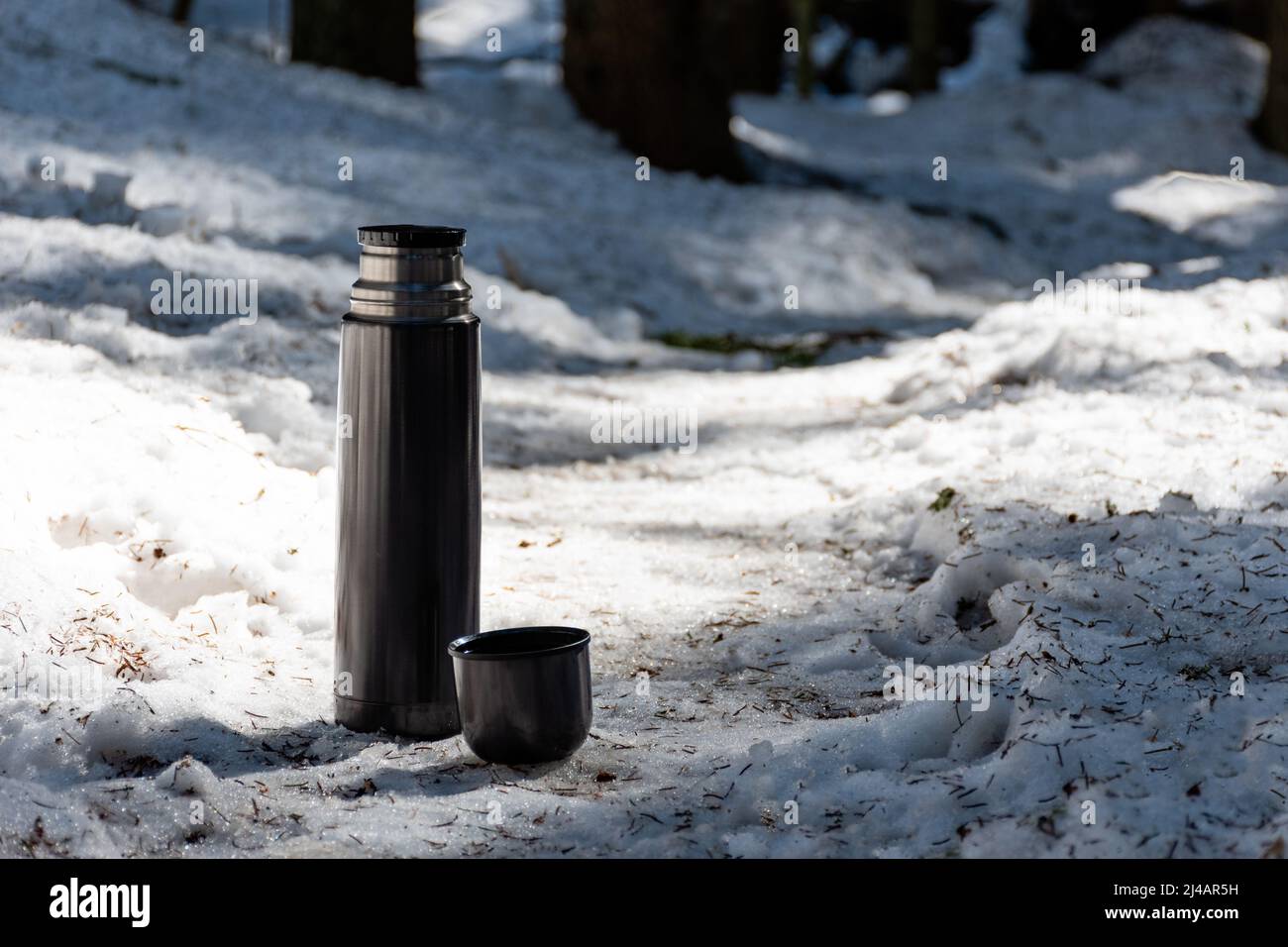 https://c8.alamy.com/comp/2J4AR5H/thermos-bottle-and-mug-on-the-snow-in-the-forest-on-a-sunny-day-in-early-spring-2J4AR5H.jpg