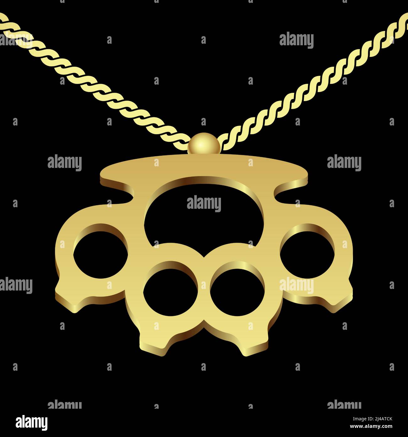 Knuckle duster golden pendant necklace hanging on a chain, vector illustration, isolated on black background. Stock Vector