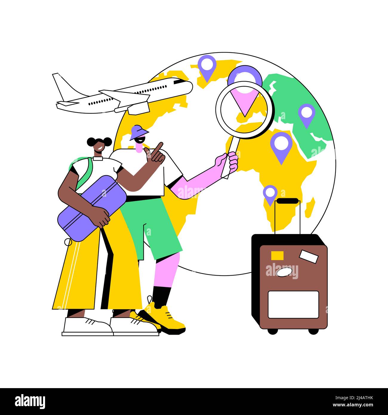 Global travelling abstract concept vector illustration. Global insurance, world trip, international tourism, travel agency, working holiday, luxury vacation resort chain abstract metaphor. Stock Vector