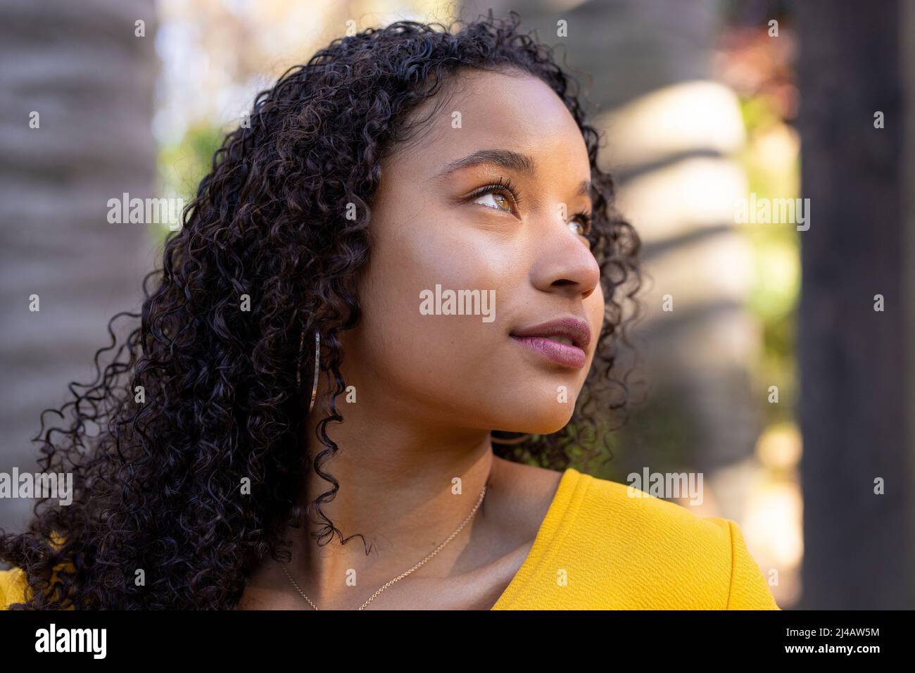 Close up portraits of a young black woman in dappled sunlight seated in a garden Stock Photo