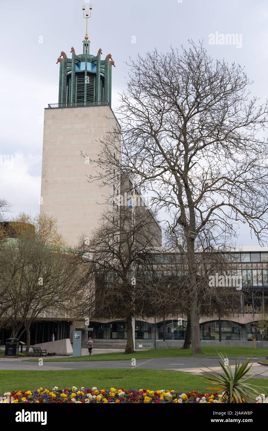The Civic Centre - the local government administrative building or city council in Newcastle upon Tyne, UK, a 1960s building with bell tower. Stock Photo