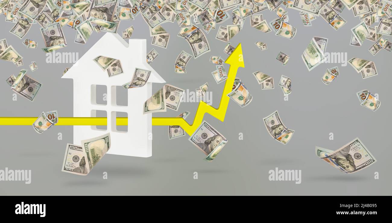 Inflation. Rising inflation. Global financial crisis. Yellow arrow on the graph indicating price growth, blue background. Stock Photo