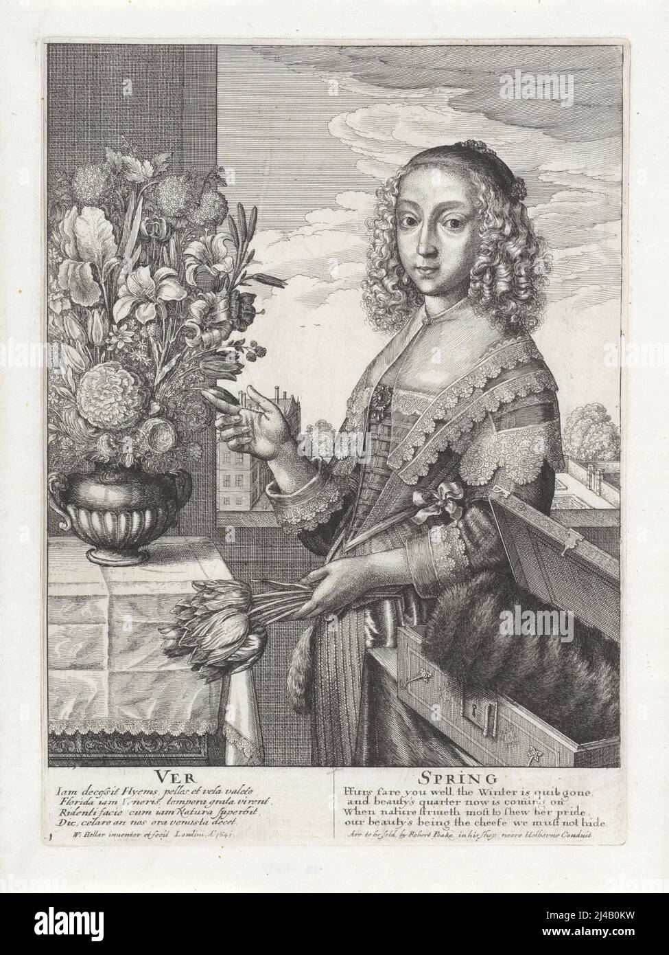 The Four Seasons: Spring Lady with flowers Dutch engraving from the 17th century Stock Photo