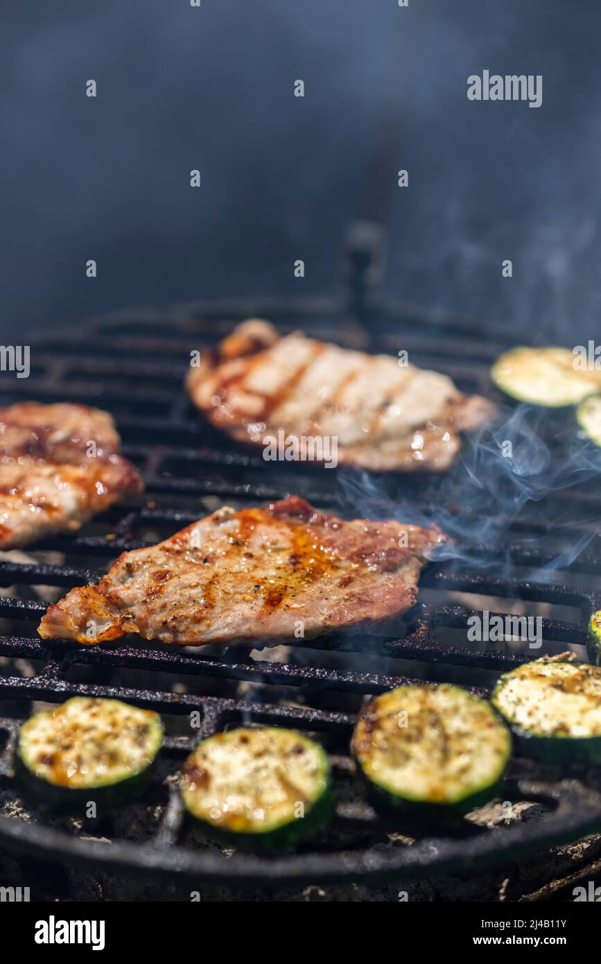 pork and zucchini, garden grill with charcoal Stock Photo Alamy