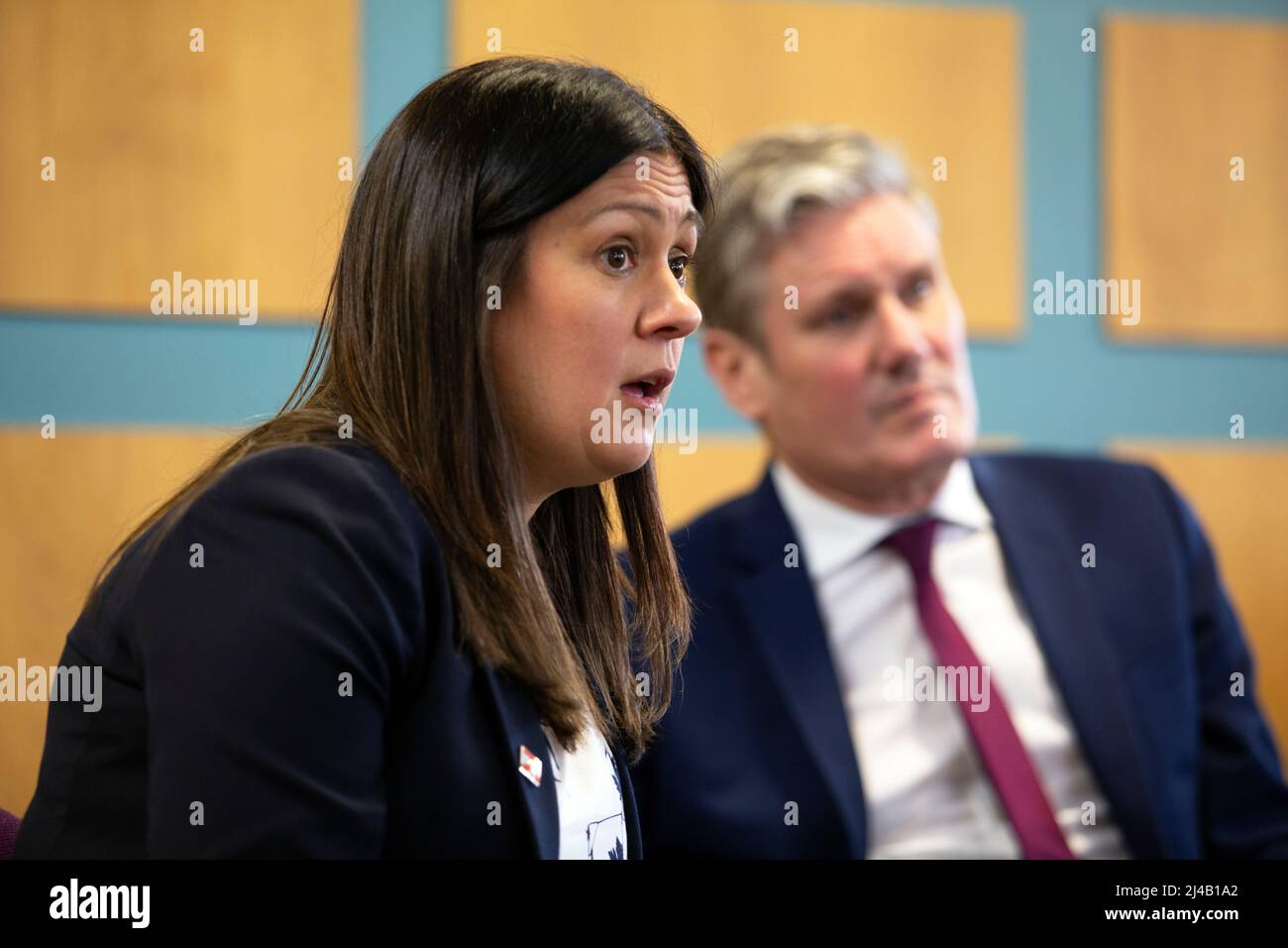 Labour party leader Keir Starmer and Lisa Nandy talk to Law and Politics students during a Q&A session at Burnley college in Lancashire. Stock Photo