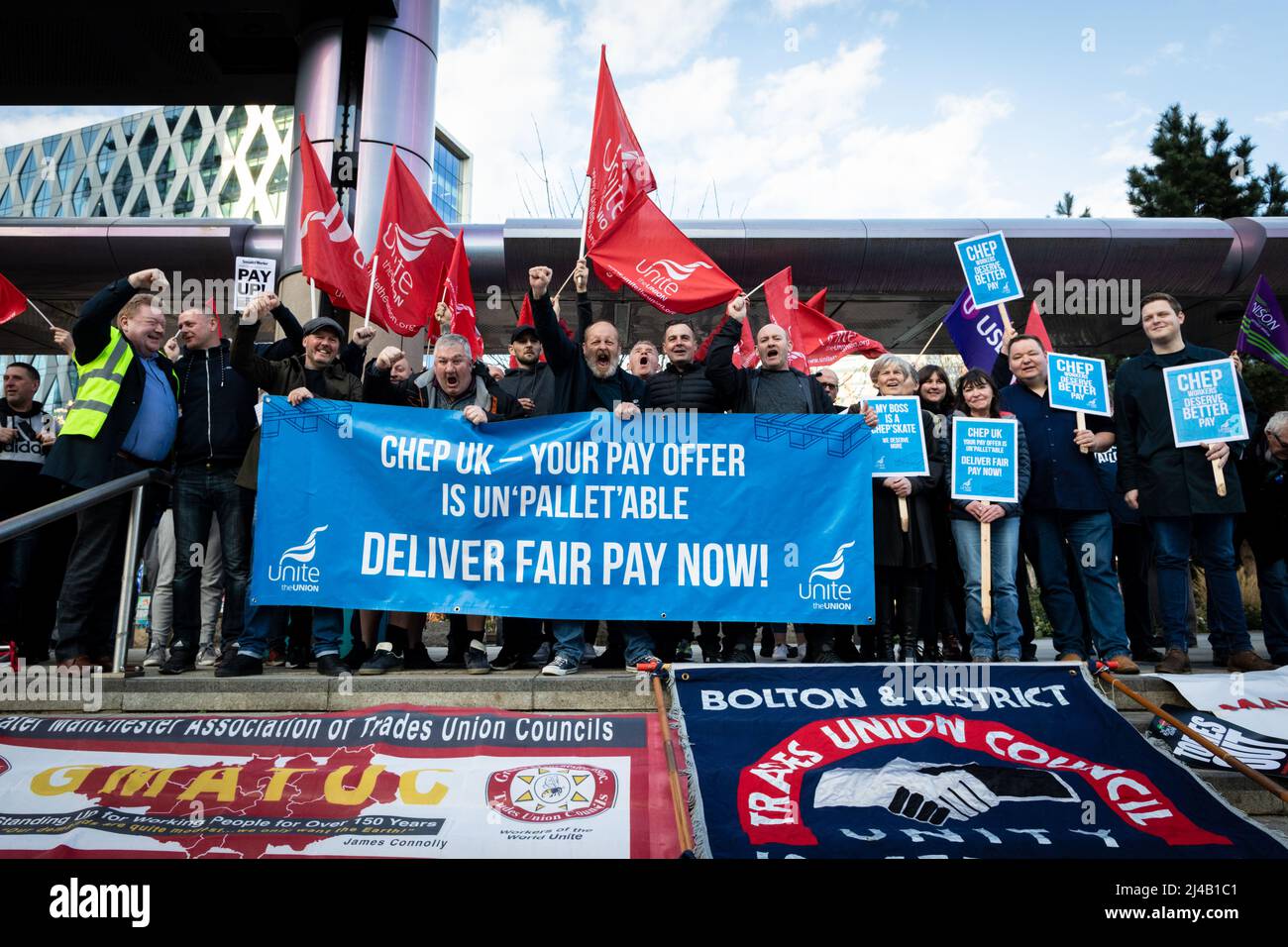 Manchester, UK. 13th Apr, 2022. Union members gather ahead of a rally to protest Chep Pallets as it enters its twentieth striking week this Friday. The company rejected their pay claim of 5.8%. This comes after inflation raises again adding more pressure on the cost of living which is outstripping workers incomes. Credit: Andy Barton/Alamy Live News Stock Photo