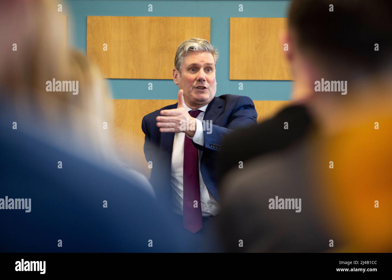 Labour party leader Keir Starmer talks to Law and Politics students during a Q&A session at Burnley college in Lancashire. Stock Photo