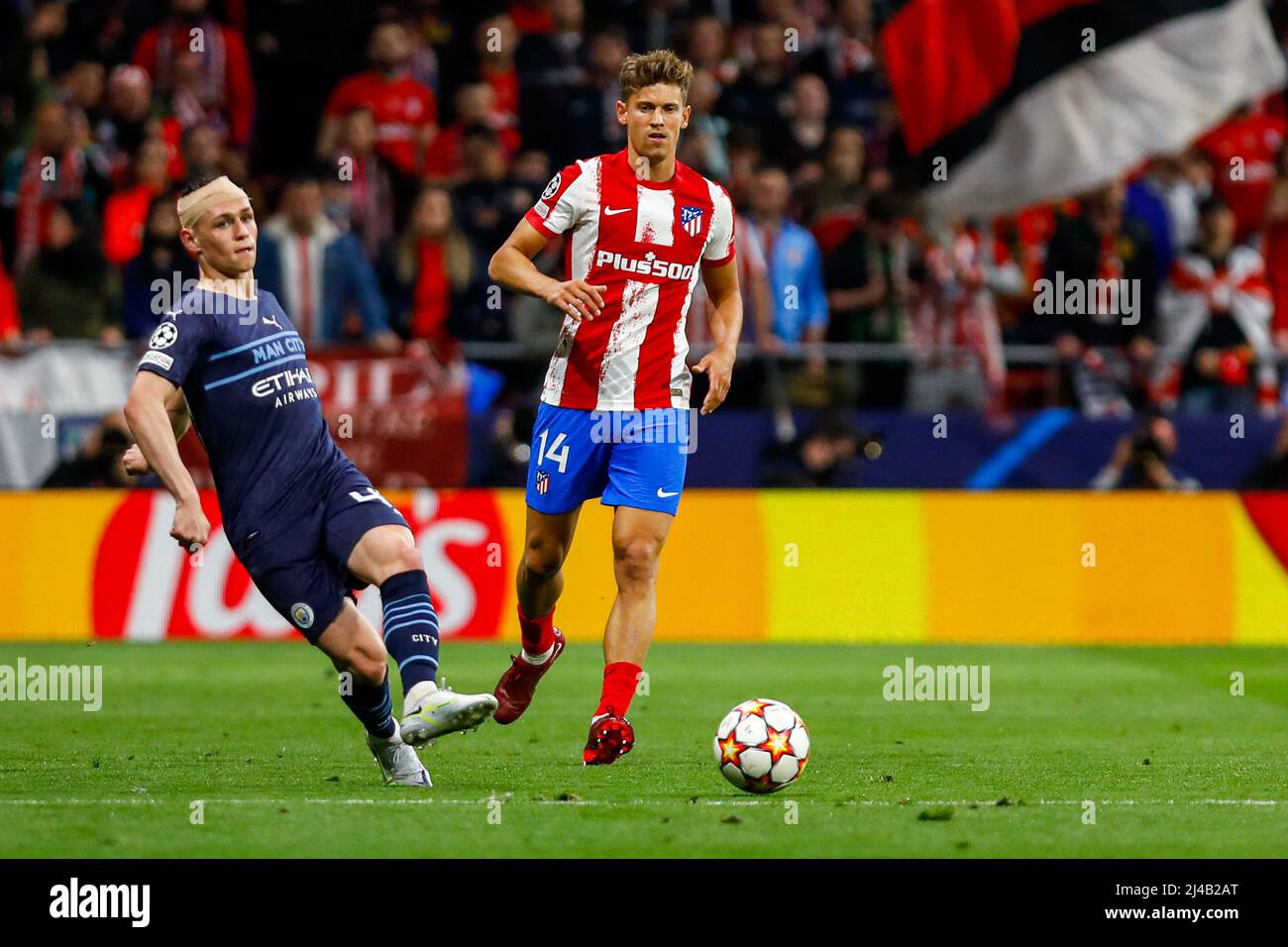 MADRID, SPAIN - APRIL 13: Phil Foden of Manchester City during the UEFA Champions League Quarter-Finals, Second Leg match between Atlético Madrid and Manchester City at Wanda Metropolitano on April 13, 2022 in Madrid, Spain (Photo by DAX Images/Orange Pictures) Credit: Orange Pics BV/Alamy Live News Stock Photo