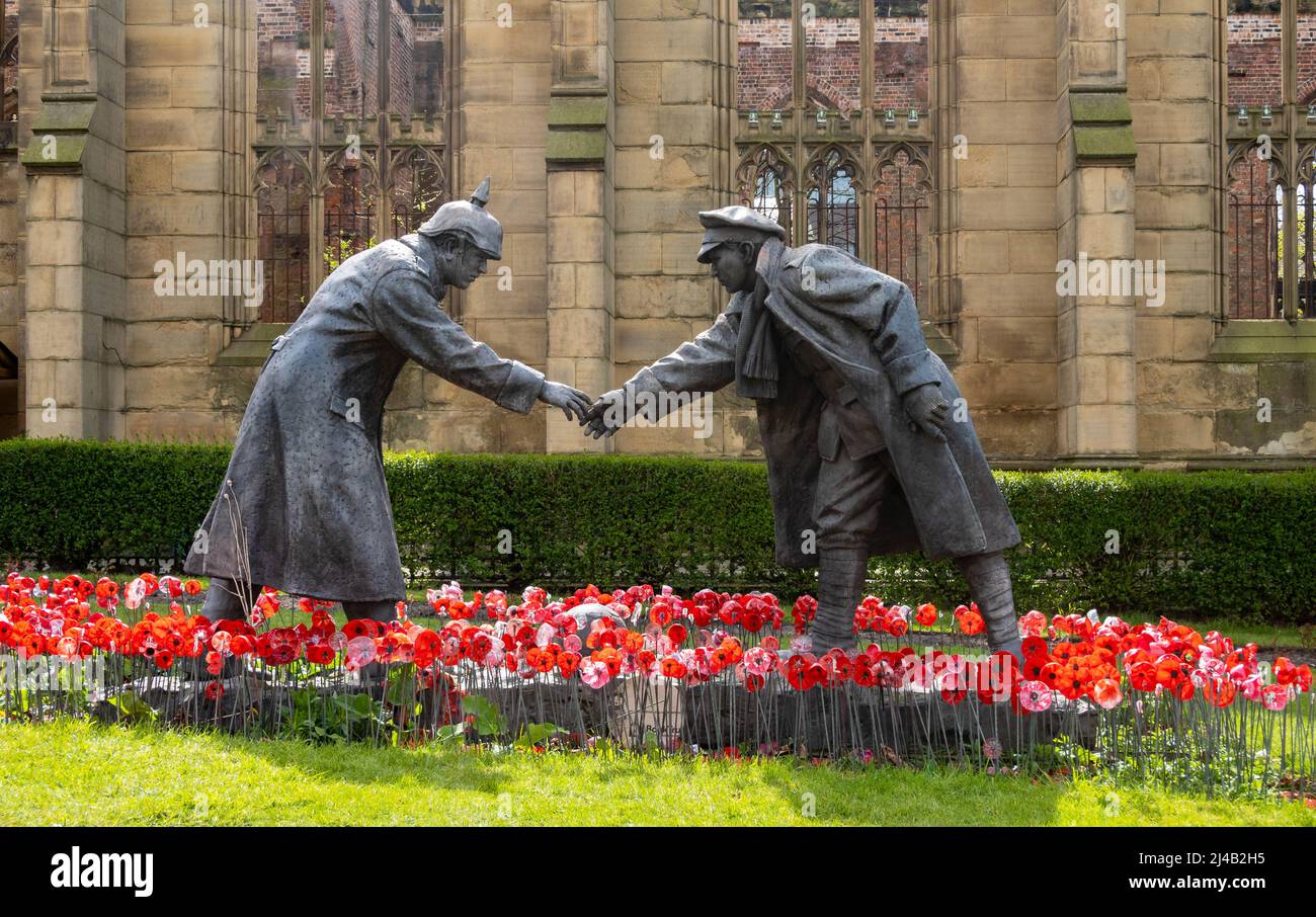 Truce, a memorial sculpture by Andy Edwards at the garden of St. Luke's Church (the bombed-out church) in Liverpool Stock Photo