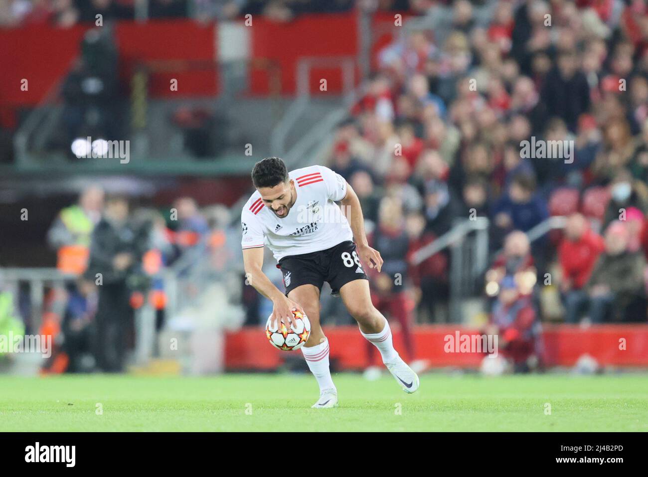 LIVERPOOL, UK. APR 13TH Gonçalo Ramos of Benfica scores his team's first goal during the UEFA Champions League match between Liverpool and S L Benfica at Anfield, Liverpool on Wednesday 13th April 2022. (Credit: Pat Scaasi | MI News) Credit: MI News & Sport /Alamy Live News Stock Photo