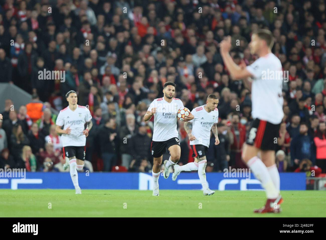 LIVERPOOL, UK. APR 13TH Gonçalo Ramos of Benfica scores his team's first goal during the UEFA Champions League match between Liverpool and S L Benfica at Anfield, Liverpool on Wednesday 13th April 2022. (Credit: Pat Scaasi | MI News) Credit: MI News & Sport /Alamy Live News Stock Photo