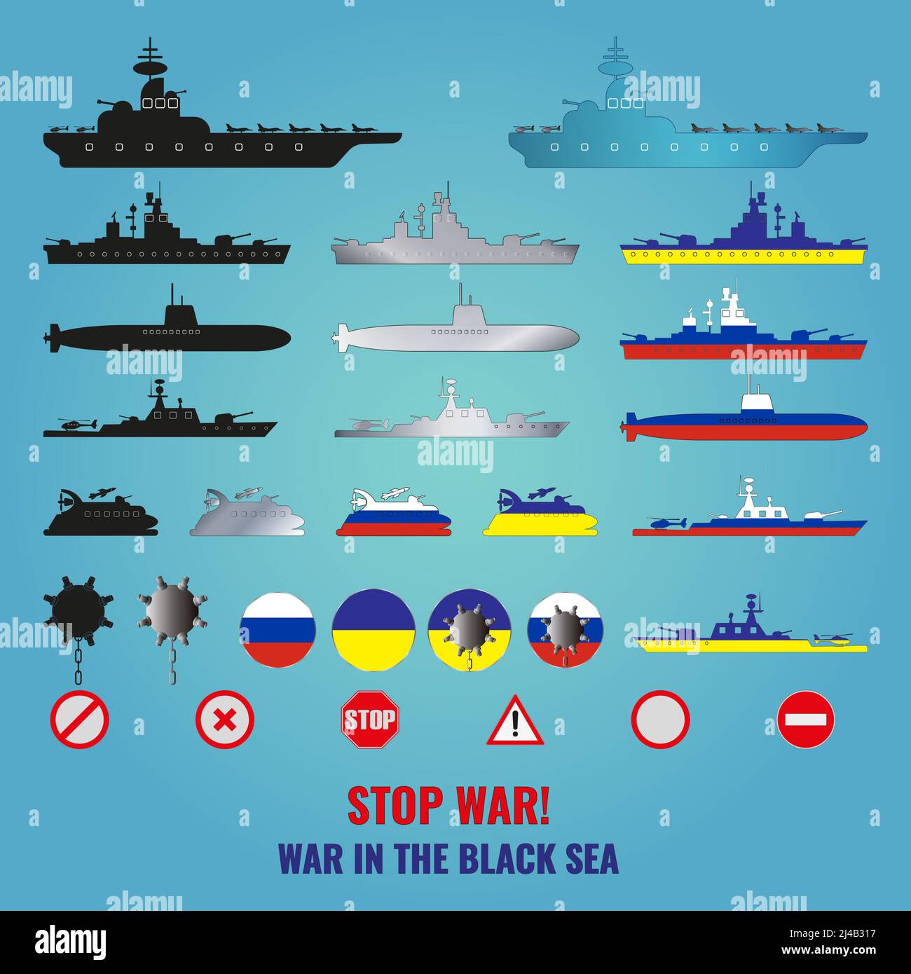 A set of icons of ships, naval mines and anti-war signs painted in the colors of the flags of Russia and Ukraine. Lettering No war! War in the Black S Stock Photo