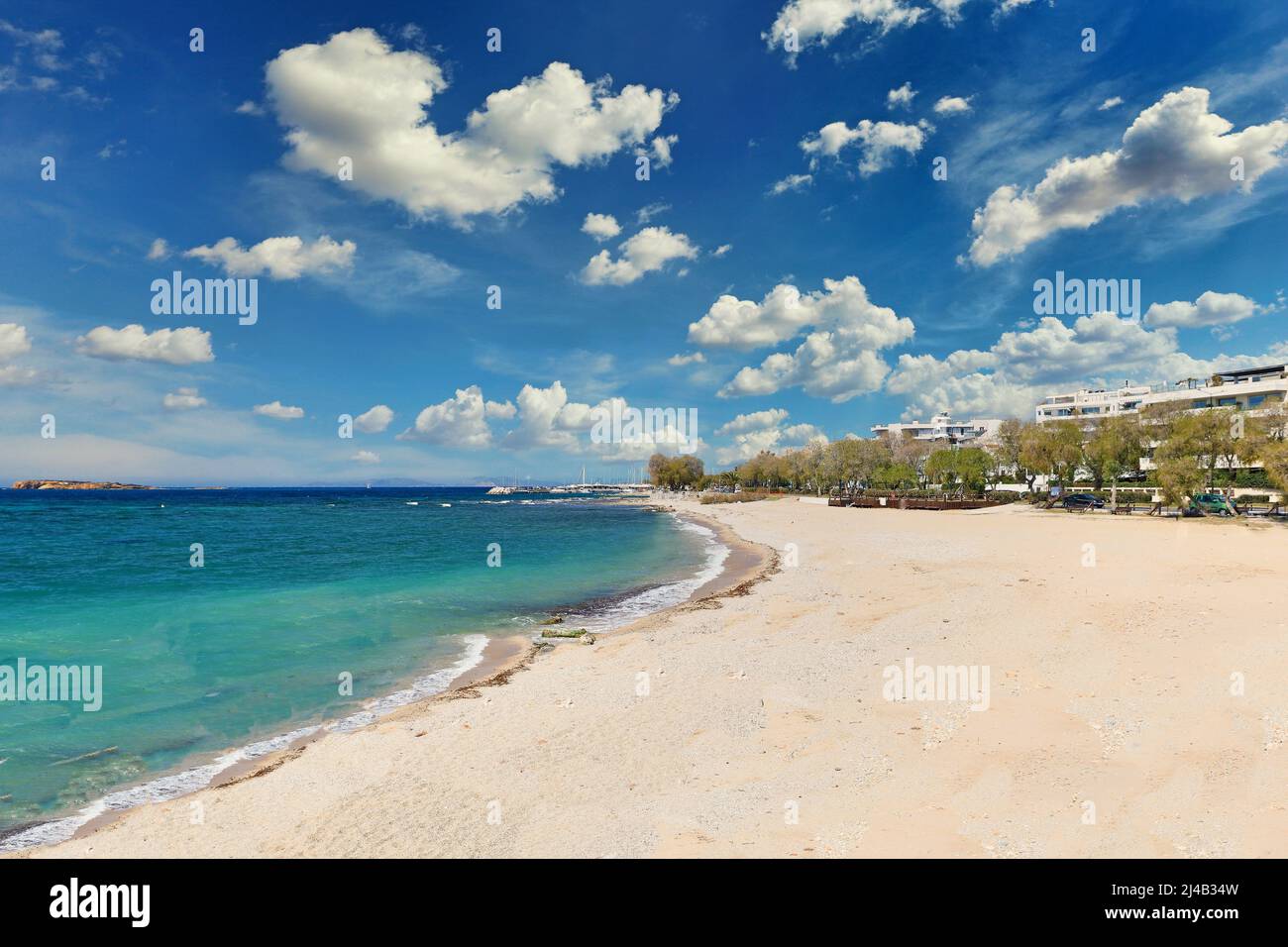 Town Hall Beach of Voula is found in front of the famous coastal settlement near Athens, Greece Stock Photo