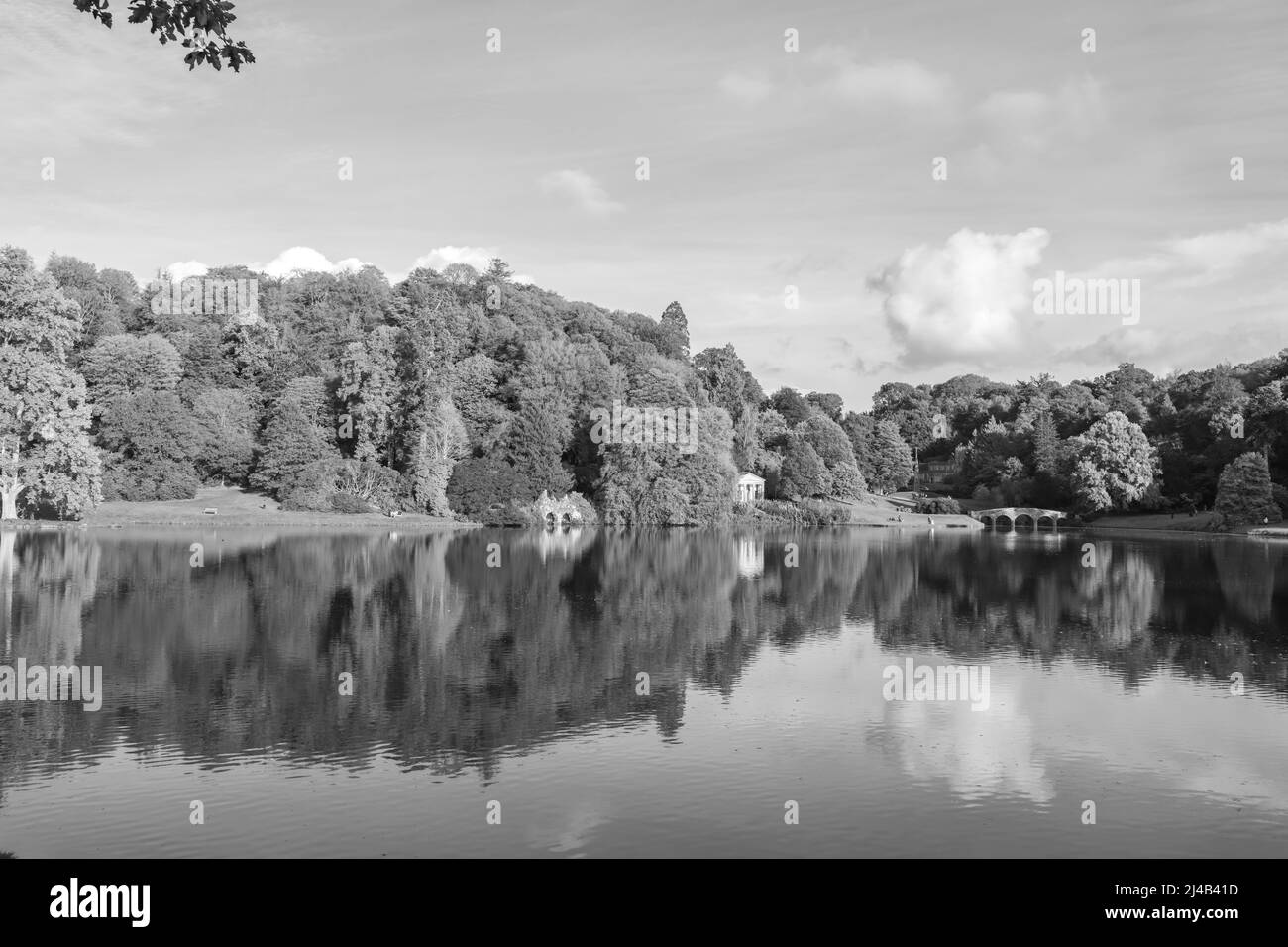 Black and white photo of the lake at Stourhead house and gardens in Wiltshire Stock Photo