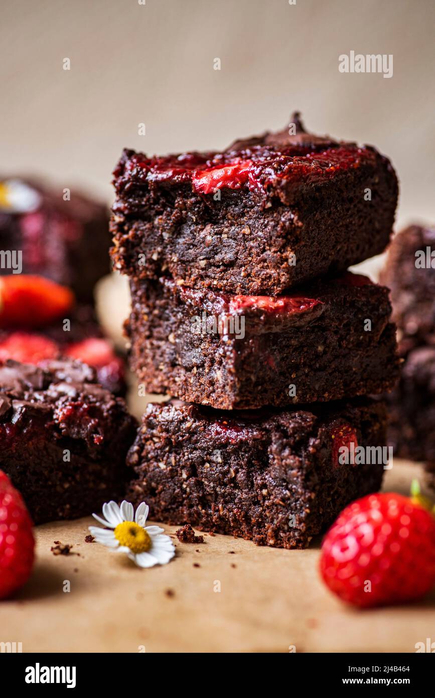 Homemade Strawberry Brownies in cubes Stock Photo
