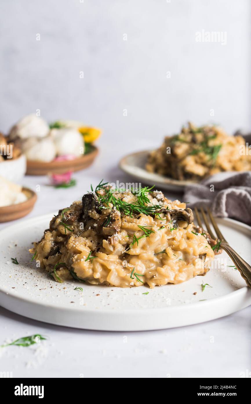 Porcini mushroom risotto on a small plate and topped with fresh dill Stock Photo