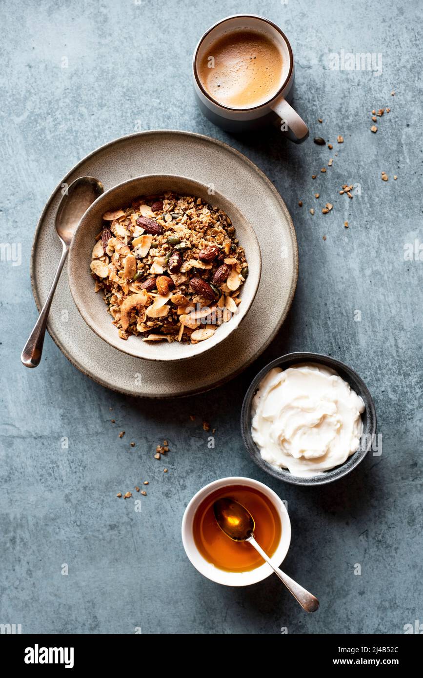 Breakfast Granola With Yoghurt And Honey Stock Photo