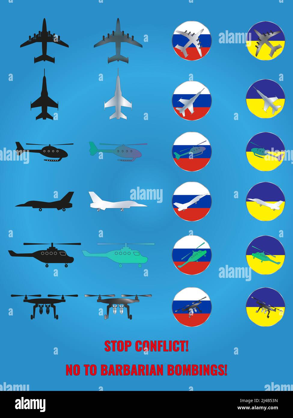 A set of icons of military aircraft, helicopters and drones, painted in the colors of the flags of Russia and Ukraine. The inscription STOP CONFLICT! Stock Vector