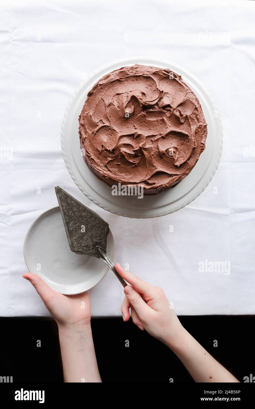 Whole chocolate cake covered in chocolate buttercream, on white cake stand, with hands holding a vintage cake slice. Stock Photo