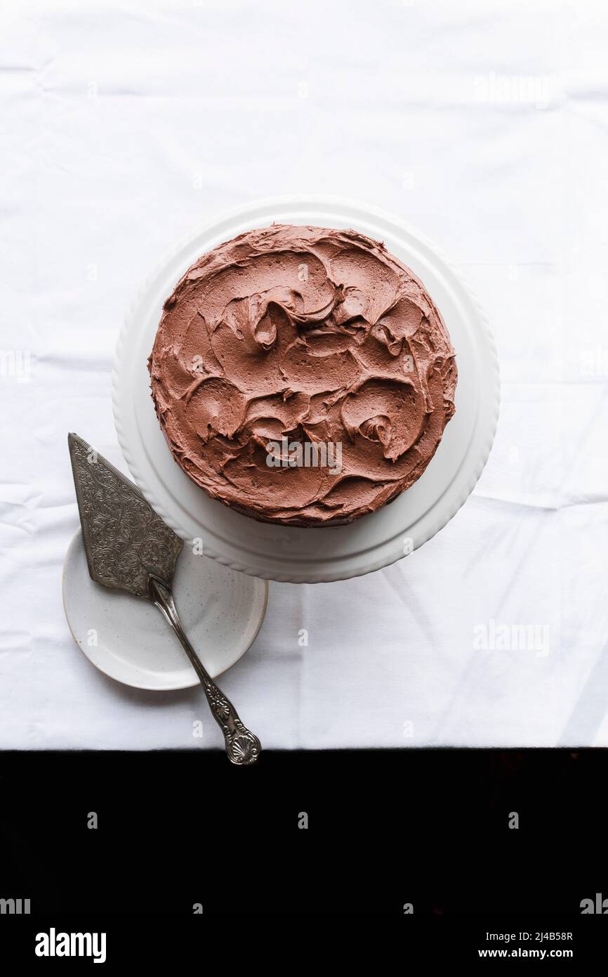 Chocolate cake with swirls of chocolate buttercream icing, and a vintage cake slice. Stock Photo