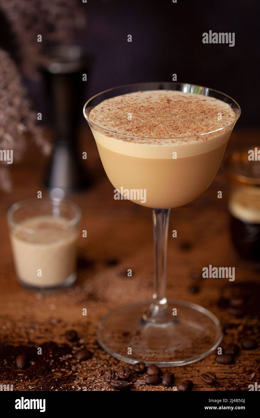 An espresso and Irish Cream martini garnished with grated chocolate
