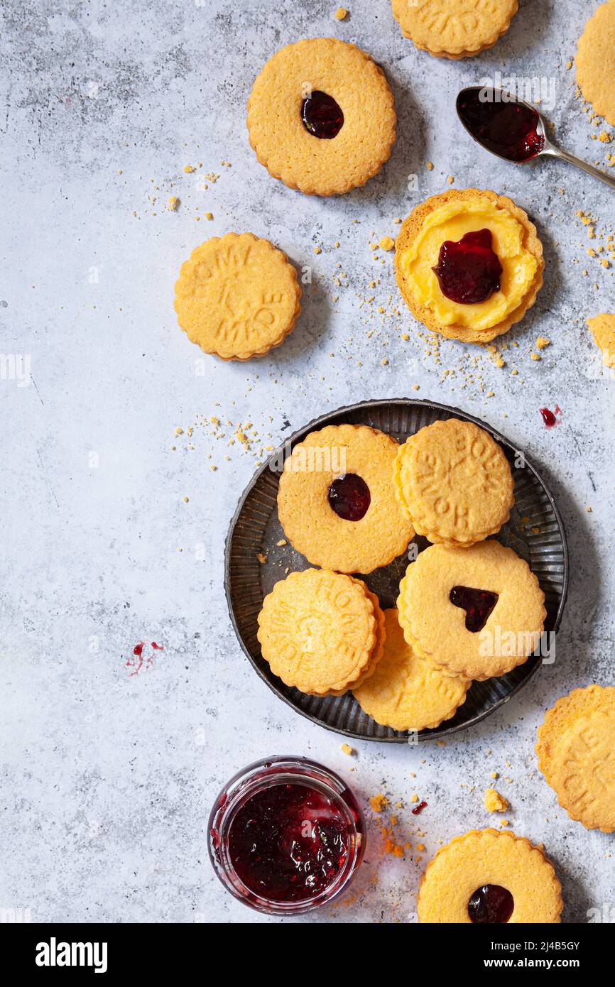 Custard flavoured biscuits filled with jam and buttercream Stock Photo