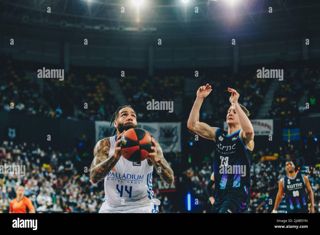 Bilbao, Basque Country, SPAIN. 13th Apr, 2022. JEFF TAYLOR (44) of Real  Madrid tries to jump to the basket during the Liga ACB game between Surne Bilbao  Basket and Real Madrid at