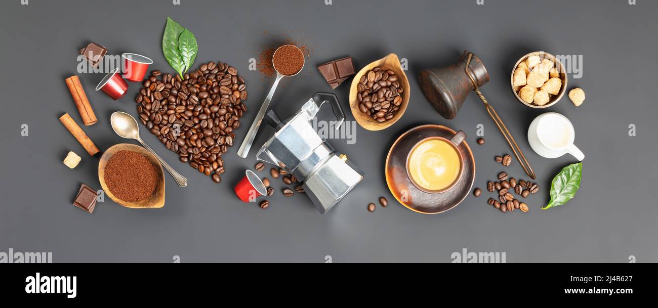 Coffee composition with coffee and accessories on dark background, banner Stock Photo