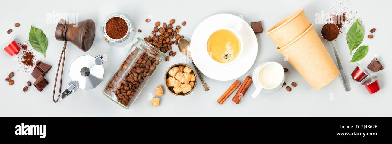 Coffee composition with coffee and accessories on white background, banner, top view Stock Photo