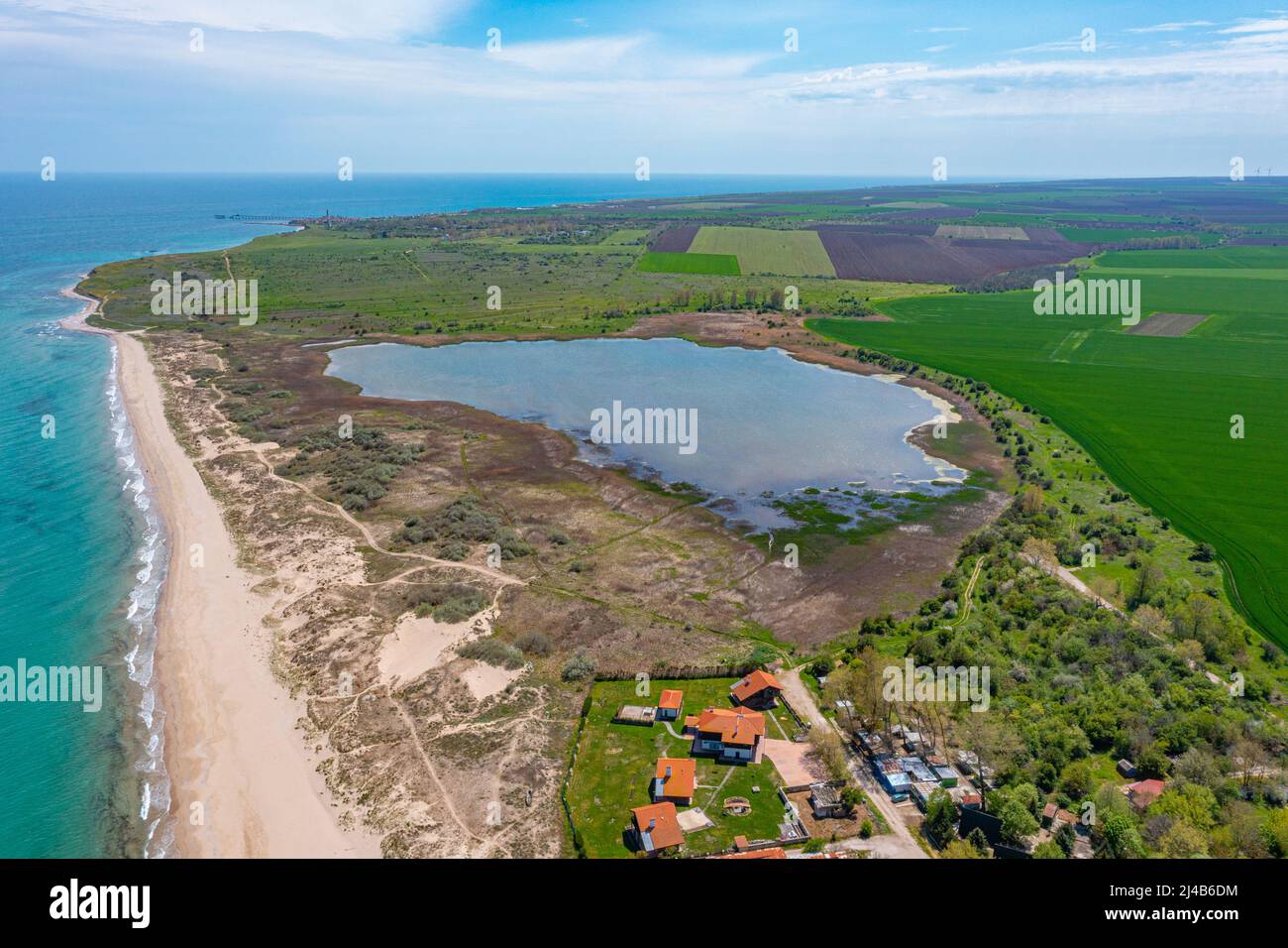 Aerial view of Shablenska tuzla beach and Shabla lake, Bulgaria Stock ...