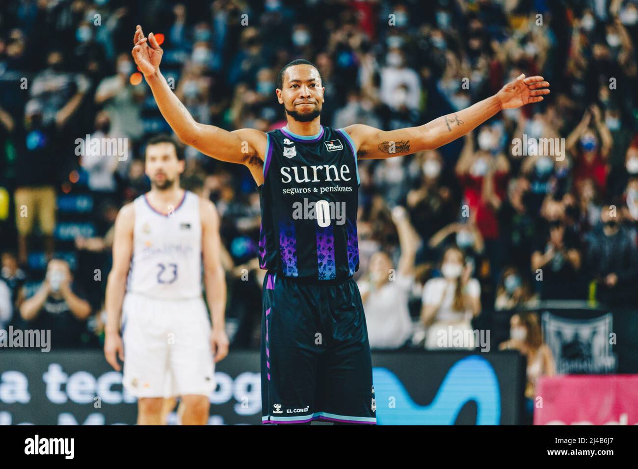 Bilbao, Basque Country, SPAIN. 13th Apr, 2022. ANDREW GOUDELOCK (23) of Bilbao  Basket celebrating their victory during the Liga ACB game between Surne Bilbao  Basket and Real Madrid at Miribilla Bilbao Arena.Bilbao