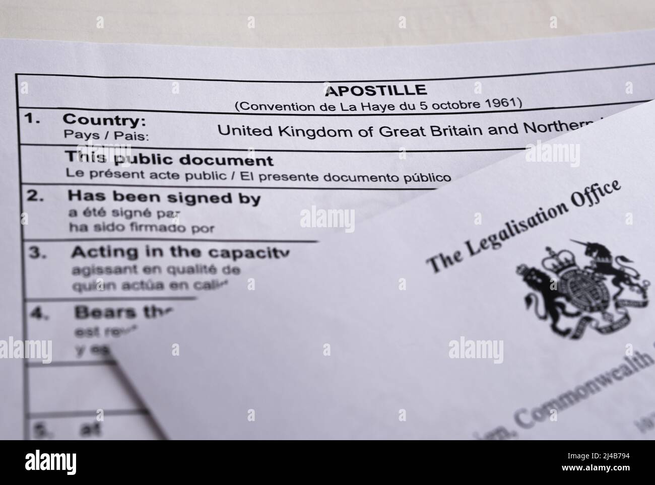 Authentic apostille document from The UK Legalisation Office. Legalised document with the stamped official certificate. Stafford, United Kingdom, Apri Stock Photo