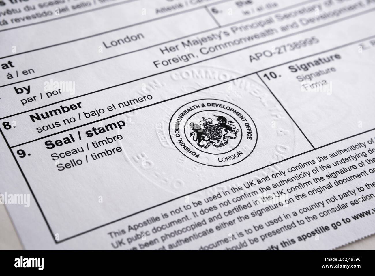 Authentic apostille document from The UK Legalisation Office. Legalised document with the stamped official certificate. Stafford, United Kingdom, Apri Stock Photo