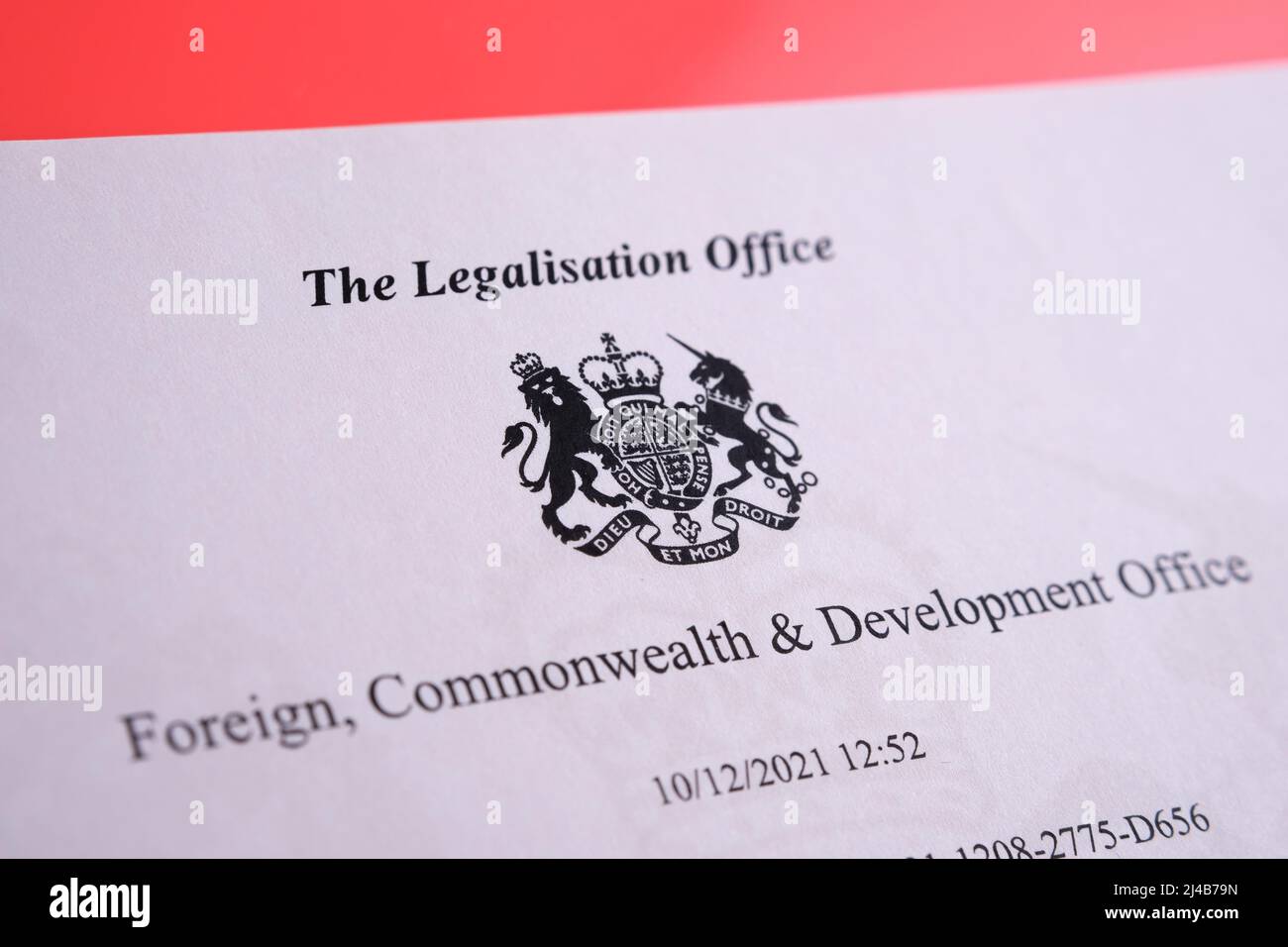 Authentic apostille document from The UK Legalisation Office. Legalised document with the stamped official certificate. Stafford, United Kingdom, Apri Stock Photo