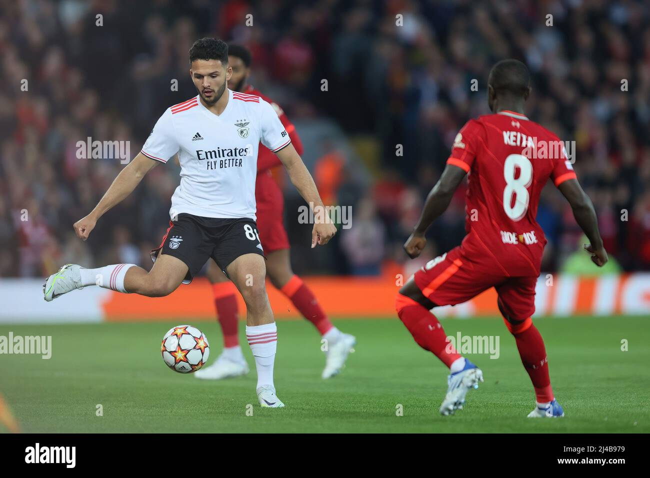 LIVERPOOL, UK. APR 13TH Gonçalo Ramos of Benfica on the ball during the UEFA Champions League match between Liverpool and S L Benfica at Anfield, Liverpool on Wednesday 13th April 2022. (Credit: Pat Scaasi | MI News) Credit: MI News & Sport /Alamy Live News Stock Photo