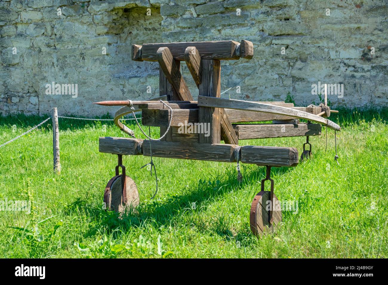 A ballista, an ancient missile weapon that launched either bolts or stones at a distant target, at Bender Fortress in Bender (Tighina), Transnistria, Stock Photo