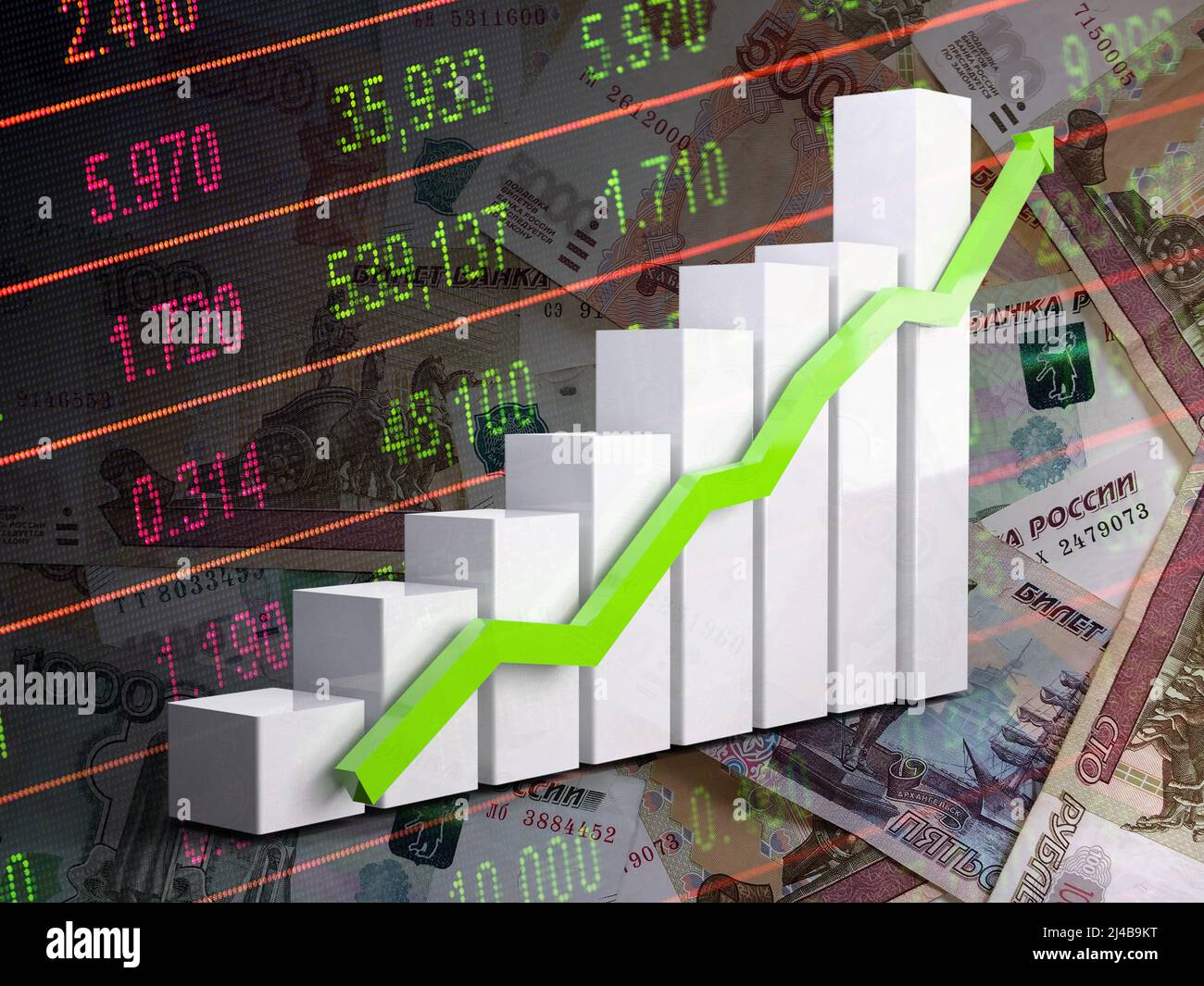Economy graph Russian rubles, stock market indicators and green rising