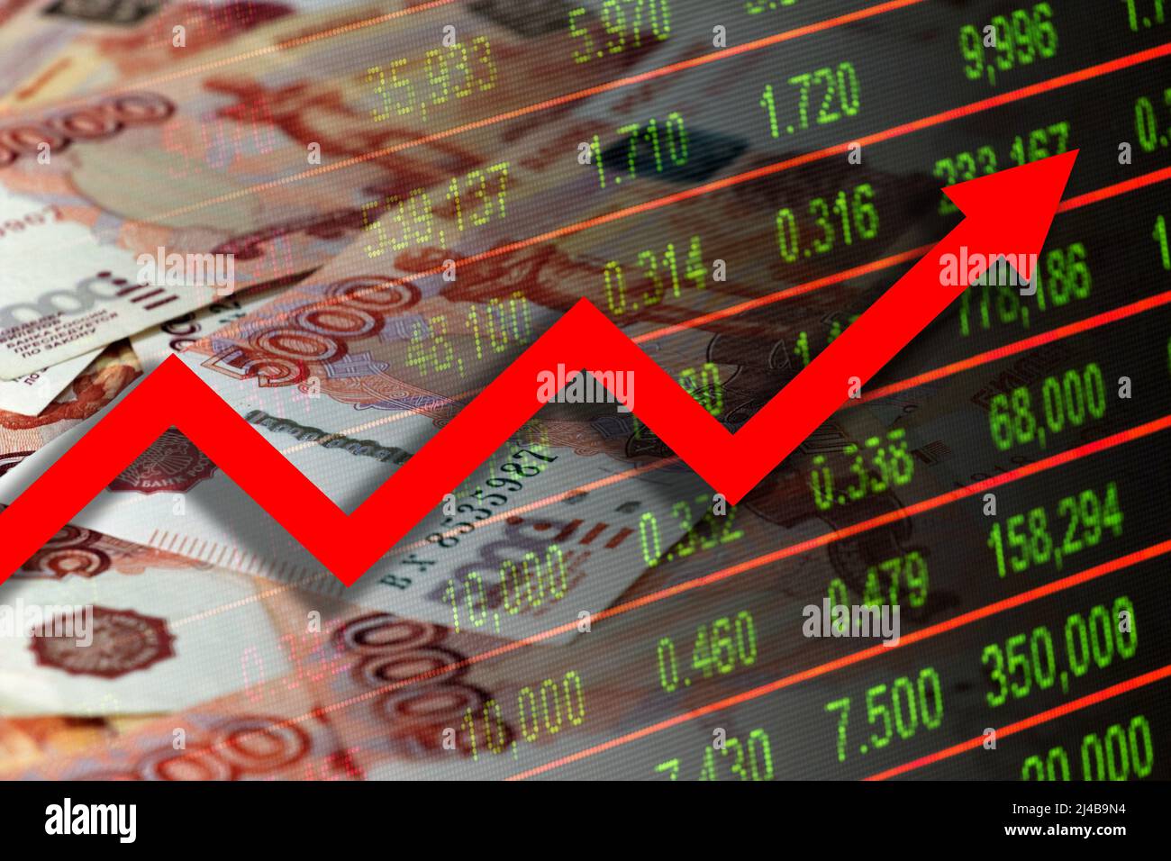 Economy graph Russian rubles, stock market indicators and red rising