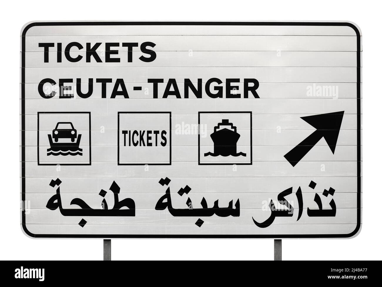 Ceuta - tanger tickets sign for ferry boat ship ticket crossing shipping cruise passage route connection Stock Photo