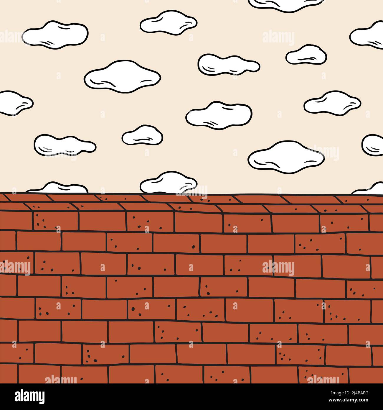 Hand drawn vector illustration of cloud and red brick wall. Doodle ...