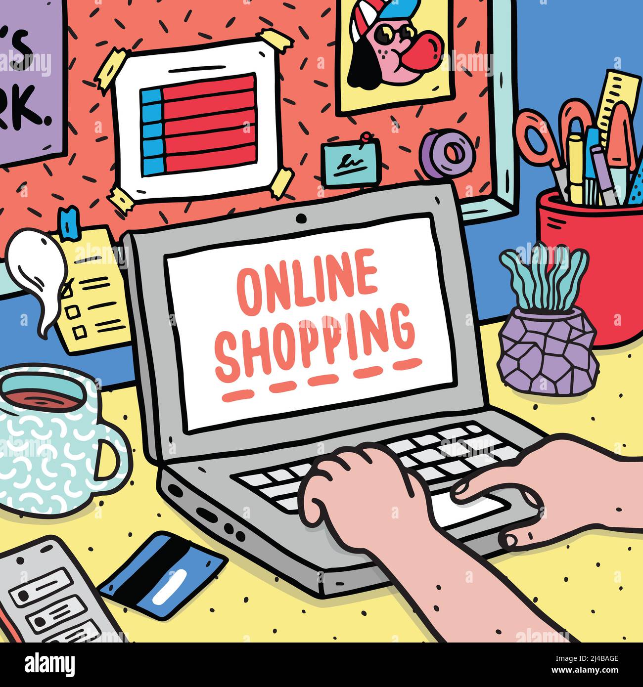 Hand drawn vector illustration of people hands using notebook computer ...