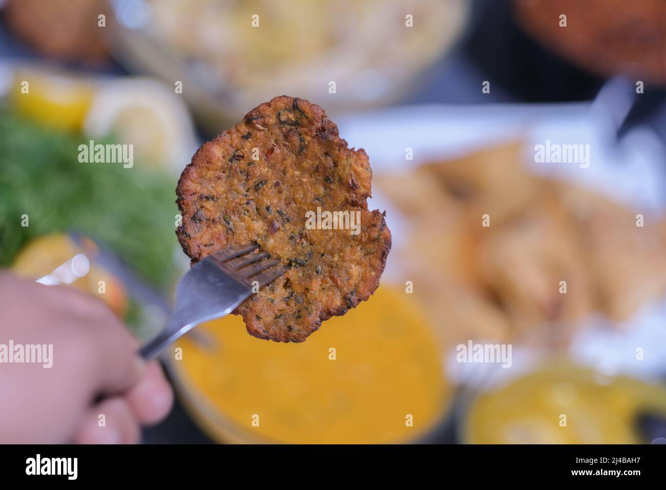 macro photo of ffried bread with meat during ramadan Stock Photo