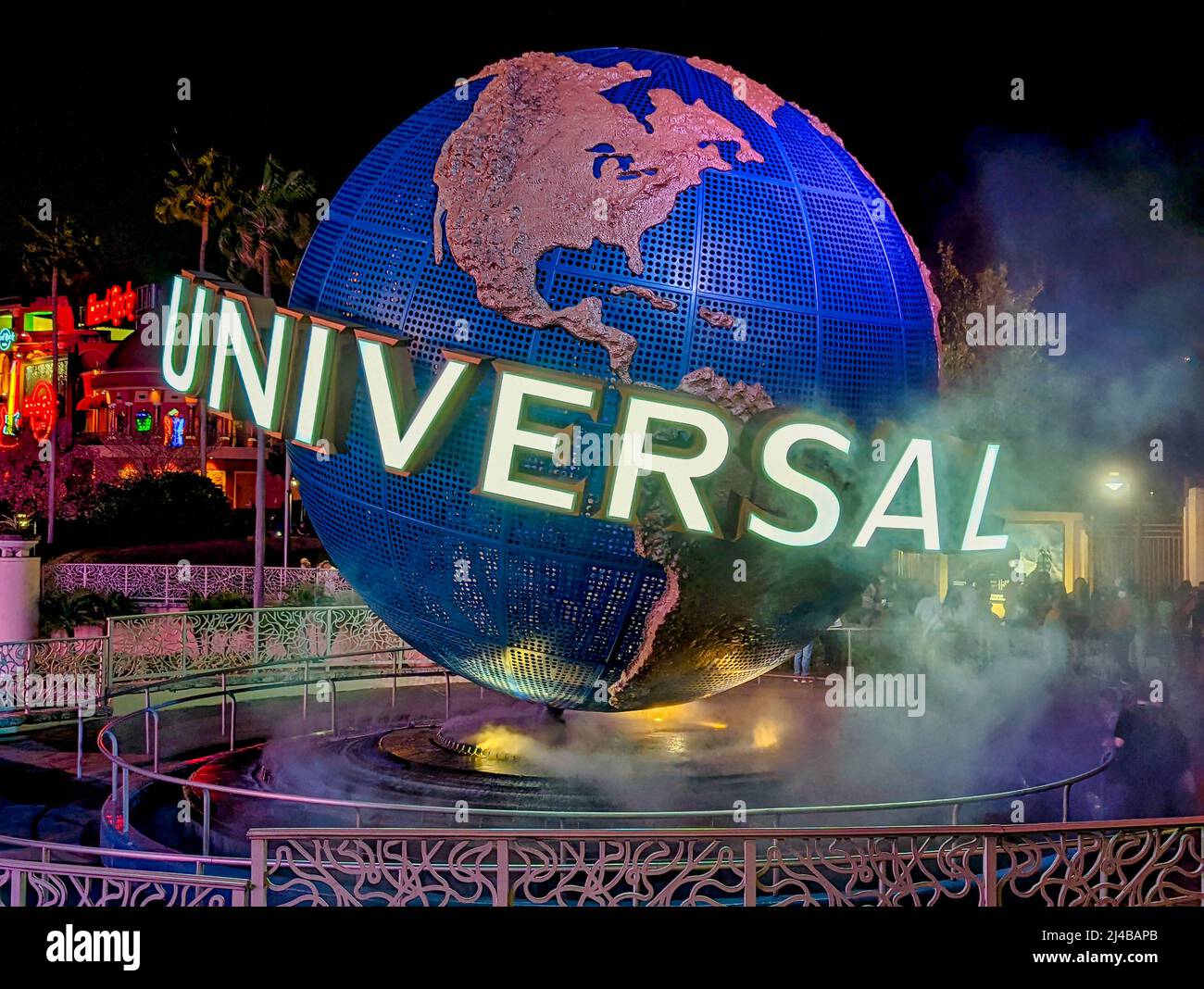 ORLANDO, USA MARCH 07, 2022 Universal Studios globe at night located