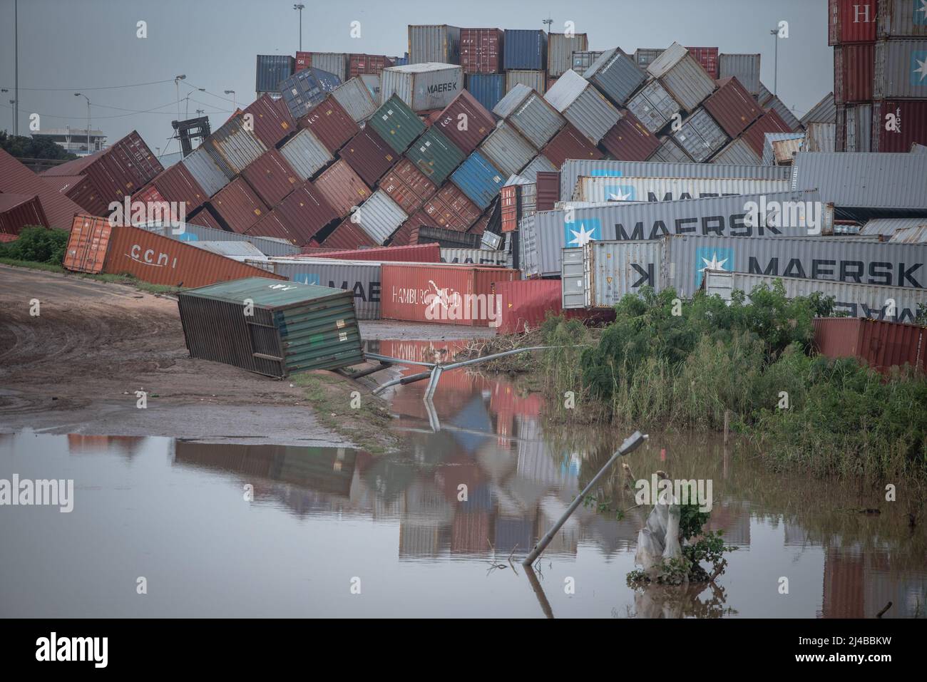 Kwazulu Natal. 13th Apr, 2022. Photo taken on April 13, 2022 shows  containers swept down by floods in KwaZulu-Natal Province, South Africa.  The death toll due to heavy rains in South Africa's