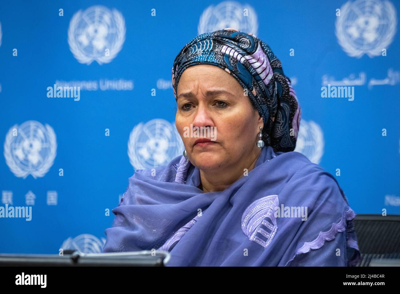 New York, USA. 13th Apr, 2022. United Nations UN Deputy Secretary-General Amina Mohammed, New York, USA. Mohammed, together with UN Sec-Gral Antonio Guterres, presented a UN report on the global impact of war in Ukraine on food, energy and finance systems. Credit: Enrique Shore/Alamy Live News Stock Photo